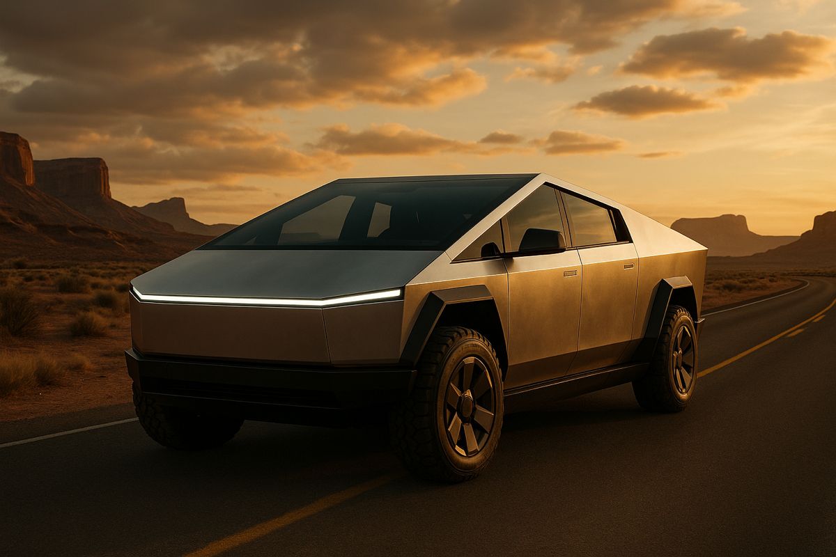 Tesla Cybertruck on a desert highway at golden hour