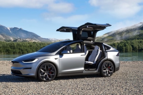Silver Tesla Model X with falcon wing doors open against a mountain backdrop