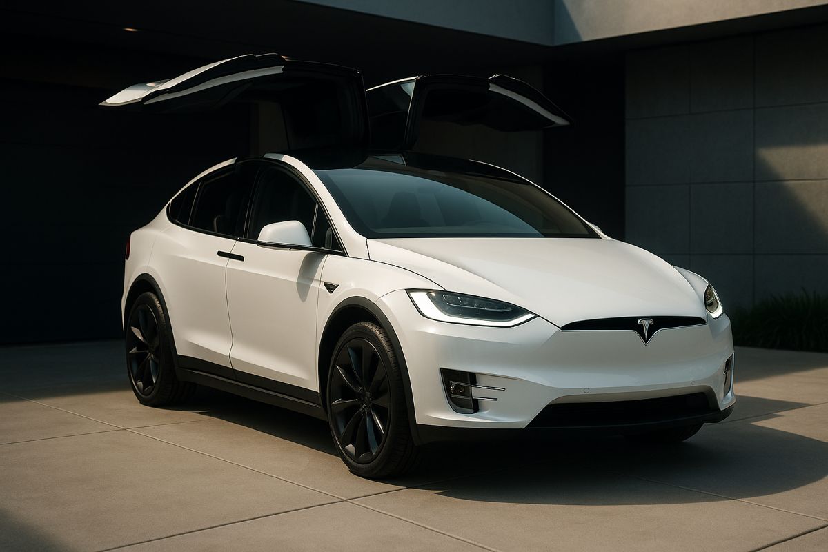 White Tesla Model X SUV with falcon wing doors open